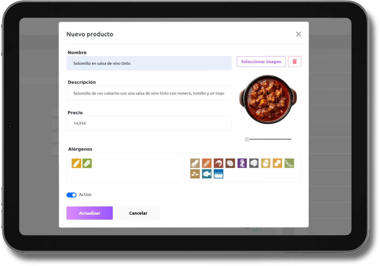 Interfaz de Retasty en una tablet mostrando un formulario para agregar un nuevo producto con descripción, precio, alérgenos e imagen